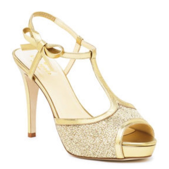 EUC Kate Spade Metallic Gold Glitter Open Toe Heels Pumps Sandals Size 11 M - Picture 1 of 7